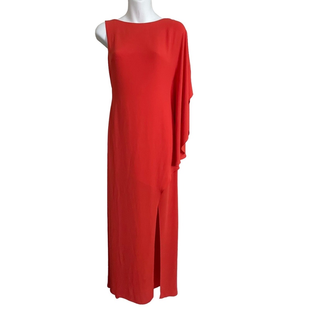 BCBGMAXAZRIA Gown Women 0 Red Goddess Asymmetric Cape Sleeve Formal Gala Luxe